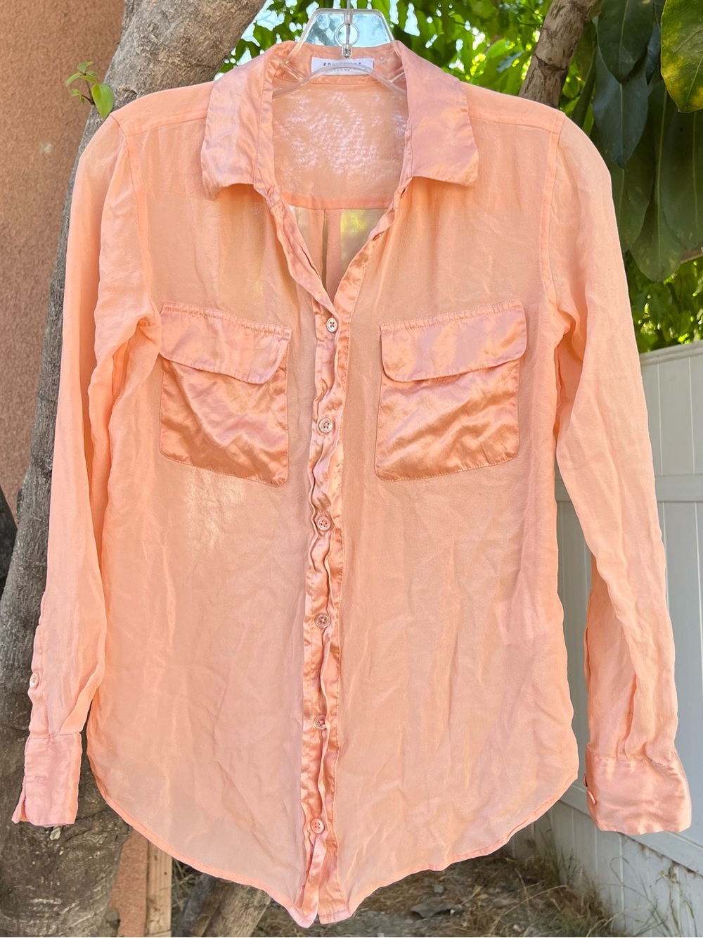 Equipment Orange Sheer 100% Silk
Button Down Blouse with Pockets.